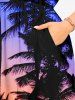 Robe midi trapèze grande taille à imprimé hawaïen ombré ciel crépusculaire et cocotiers, poches fendues - Bleu Marine 4X