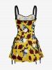 Robe trapèze à imprimé de roses et de crânes, style hawaïen, lacée - Jaune XXL