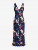 Flowers Print Hawaii Ruffles Split Surplice Dress -  