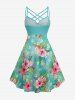 Robe hawaïenne grande taille à imprimé floral d'hibiscus et feuilles tropicales, bretelles croisées et froncées. - Turquoise Foncée S