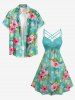 Robe hawaïenne grande taille à imprimé floral d'hibiscus et feuilles tropicales, bretelles croisées et froncées. - Turquoise Foncée S