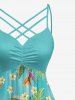 Robe hawaïenne grande taille à imprimé floral d'hibiscus et feuilles tropicales, bretelles croisées et froncées. - Turquoise Foncée 4X