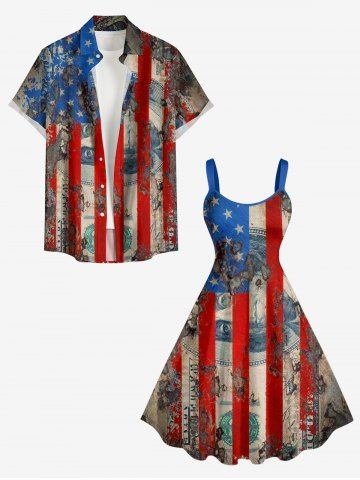 Patriotic American Flag Currency Print Plus Size Matching Outfit For Couples - RED