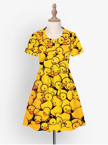 Kid's Cute Duck Print Hawaii Button Dress - GOLDEN BROWN - 100