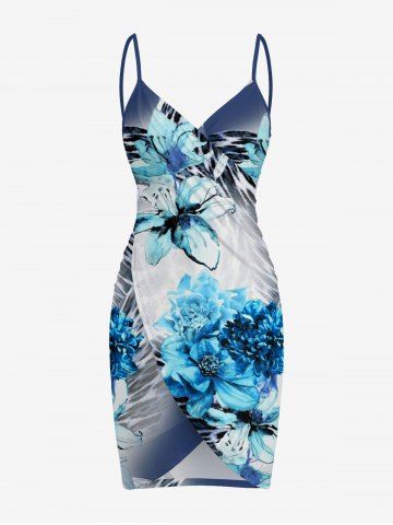 Flower Leopard Ombre Print Hawaii Covertible Beach Cover Up - BLUE - 5X