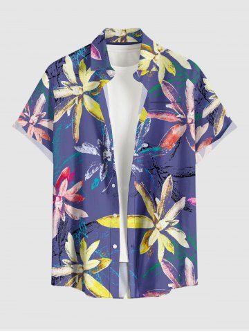 Plus Size Flower Plant Print Hawaii Button Pocket Shirt For Men - PURPLE - 5XL