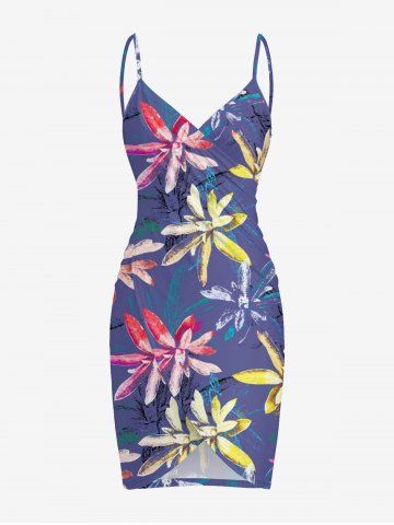 Flower Plant Print Hawaii Convertible Beach Cover Up - PURPLE - L