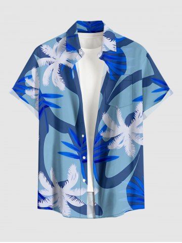 Plus Size Coconut Tree Tropical Leaf Print Hawaii Button Pocket Shirt For Men - BLUE - 3XL