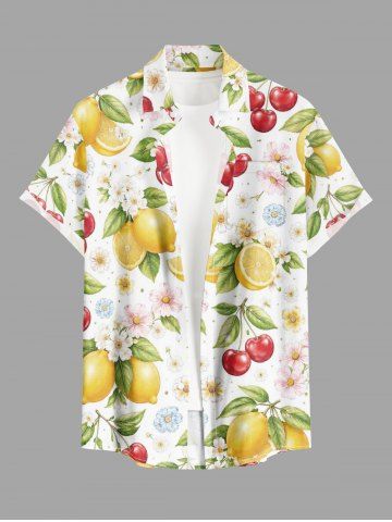 Chemise hawaïenne à imprimé citron et fleurs de cerisier, grande taille, poche boutonnée, pour hommes - YELLOW - 6XL