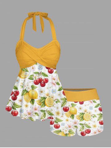 Lemon Cherry Flower Print Hawaii Twist Halter Boyleg Tankini Swimsuit - YELLOW - XS