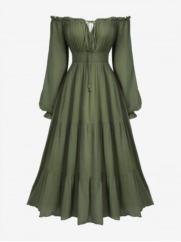Plus Size Off The Shoulder Solid Elastic Waist A Line Dress with Removable Shoulder Strap - PLANT GREEN - 4X | US 26-28