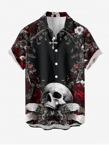 Chemise pour homme à imprimé crâne, croix et fleurs d'Halloween, boutonnée avec poche - BLACK - M