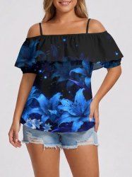 Blouse hawaïenne à imprimé galaxie et lys grande taille, épaules dénudées et volants, style hawaïen - Bleu XL
