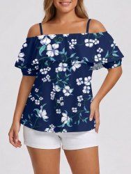 Blouse hawaïenne grande taille à imprimé floral et feuilles, épaules dénudées et volants, style hawaïen - Bleu profond 2XL