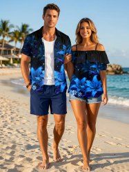 Lily Flower Galaxy Print Plus Size Matching Hawaii Beach Outfit For Couples - Bleu 