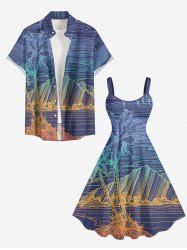 Coconut Tree Mountain Sea Ombre Line Print Matching Hawaii Beach Outfit For Couples -  