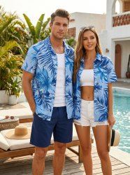 Tropical Leaf Flower Print Matching Hawaii Beach Outfit For Couples - Bleu 