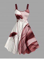 Plus Size Flower Plant Colorblock Print Hawaii A Line Dress -  