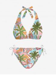 Coconut Tree Hibiscus Flower Parrot Flamingo Print Hawaii Plunging Halter Backless Bikini Set -  