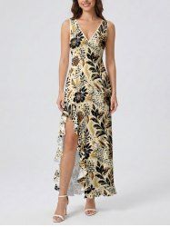 Robe hawaïenne à volants et fente, imprimé léopard et fleurs - café lumière XL