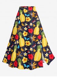 Jupe trapèze fendue hawaïenne à imprimé ananas, hibiscus, fleurs et papillons, grande taille - Brun Doré S