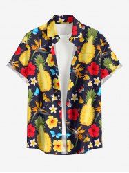 Plus Size Pineapple Hibiscus Flower Butterfly Print Hawaii Button Pocket Shirt For Men - Brun Doré 3XL
