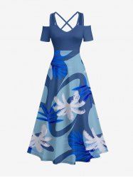 Robe longue trapèze grande taille à imprimé tropical de cocotiers et de feuilles de cocotiers, style hawaïen, épaules dénudées et croisée - Bleu 4X