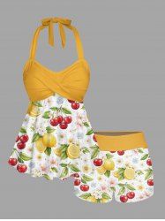 Maillot de bain tankini hawaïen à imprimé citron et fleurs de cerisier, dos nu et jambes courtes, style torsadé. - Jaune 3X