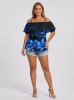 Blouse hawaïenne à imprimé galaxie et lys grande taille, épaules dénudées et volants, style hawaïen - Bleu 2XL