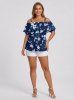 Blouse hawaïenne grande taille à imprimé floral et feuilles, épaules dénudées et volants, style hawaïen - Bleu profond 2XL