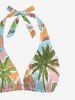 Coconut Tree Hibiscus Flower Parrot Flamingo Print Hawaii Plunging Halter Backless Bikini Set -  
