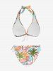 Coconut Tree Hibiscus Flower Parrot Flamingo Print Hawaii Plunging Halter Backless Bikini Set -  