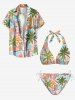 Coconut Tree Hibiscus Flower Parrot Flamingo Print Hawaii Plunging Halter Backless Bikini Set -  