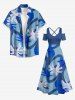 Plus Size Coconut Tree Tropical Leaf Print Hawaii Cold Shoulder Crisscross A Line Maxi Dress - Bleu L