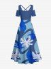 Robe longue trapèze grande taille à imprimé tropical de cocotiers et de feuilles de cocotiers, style hawaïen, épaules dénudées et croisée - Bleu 4X