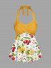 Maillot de bain tankini hawaïen à imprimé citron et fleurs de cerisier, dos nu et jambes courtes, style torsadé. - Jaune 3X