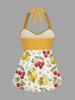 Maillot de bain tankini hawaïen à imprimé citron et fleurs de cerisier, dos nu et jambes courtes, style torsadé. - Jaune 4X