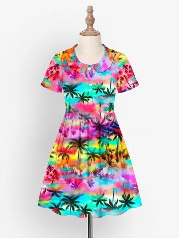 Kid's Coconut Tree Ombre Print Hawaii Button Dress - PURPLE - 150
