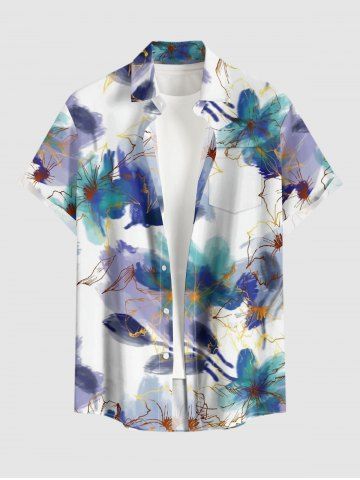 Plus Size Watercolor Painting Flower Print Hawaii Button Pocket Shirt For Men - PURPLE - 6XL