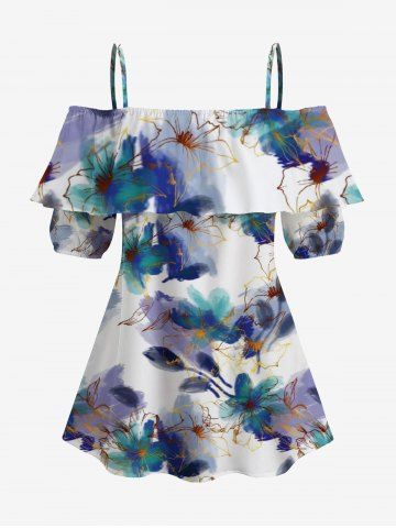 Plus Size Watercolor Painting Flower Print Hawaii Cold Shoulder Ruffles Blouse - PURPLE - M