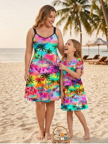 Coconut Tree Ombre Print Plus Size Matching Hawaii Beach Mommy & Me Outfit - PURPLE