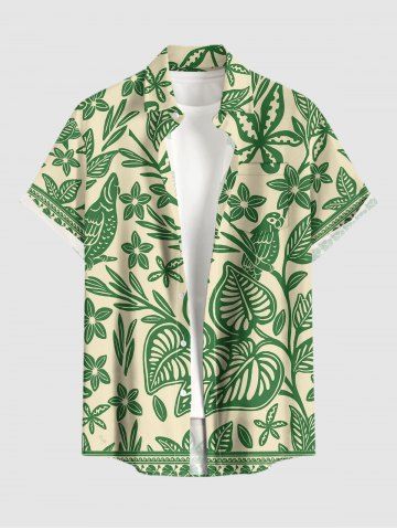 Plus Size Flower Leaf Bird Print Hawaii Button Pocket Shirt For Men - GREEN - XL