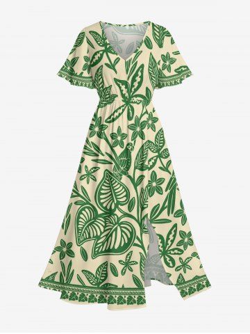 Plus Size Flower Leaf Bird Print Hawaii Split Pocket A Line Midi Dress
