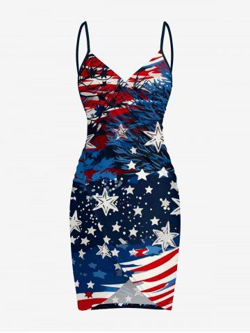 Patriotic American Flag Christmas Tree Print Convertible Beach Cover Up - DEEP BLUE - XXS