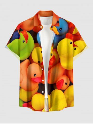 Plus Size Cute Duck Print Hawaii Button Pocket Shirt For Men - ORANGE - 6XL