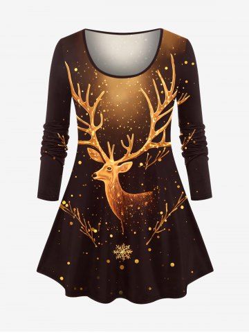 Christmas Elk Snowflake Print Long Sleeves T-shirt - DEEP COFFEE - M