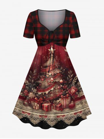 Christmas Tree Ball Gift Box Flowers Plaid Print Cinched Dress - DEEP RED - 5X