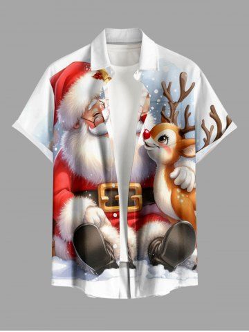 Christmas Santa Claus Elk Snow Print Buttons Pocket Shirt For Men - RED - 4XL