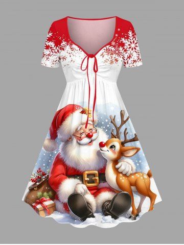 Robe ceinturée imprimée Père Noël, renne et flocon de neige de Noël - RED - S