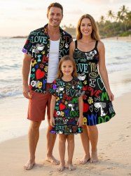 Colorful Letters Dog Heart Paw Print Matching Hawaii Beach Outfit For Family -  